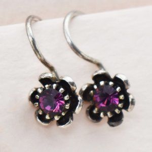 Dainty flower earrings silver, cute little purple cz crystal earrings